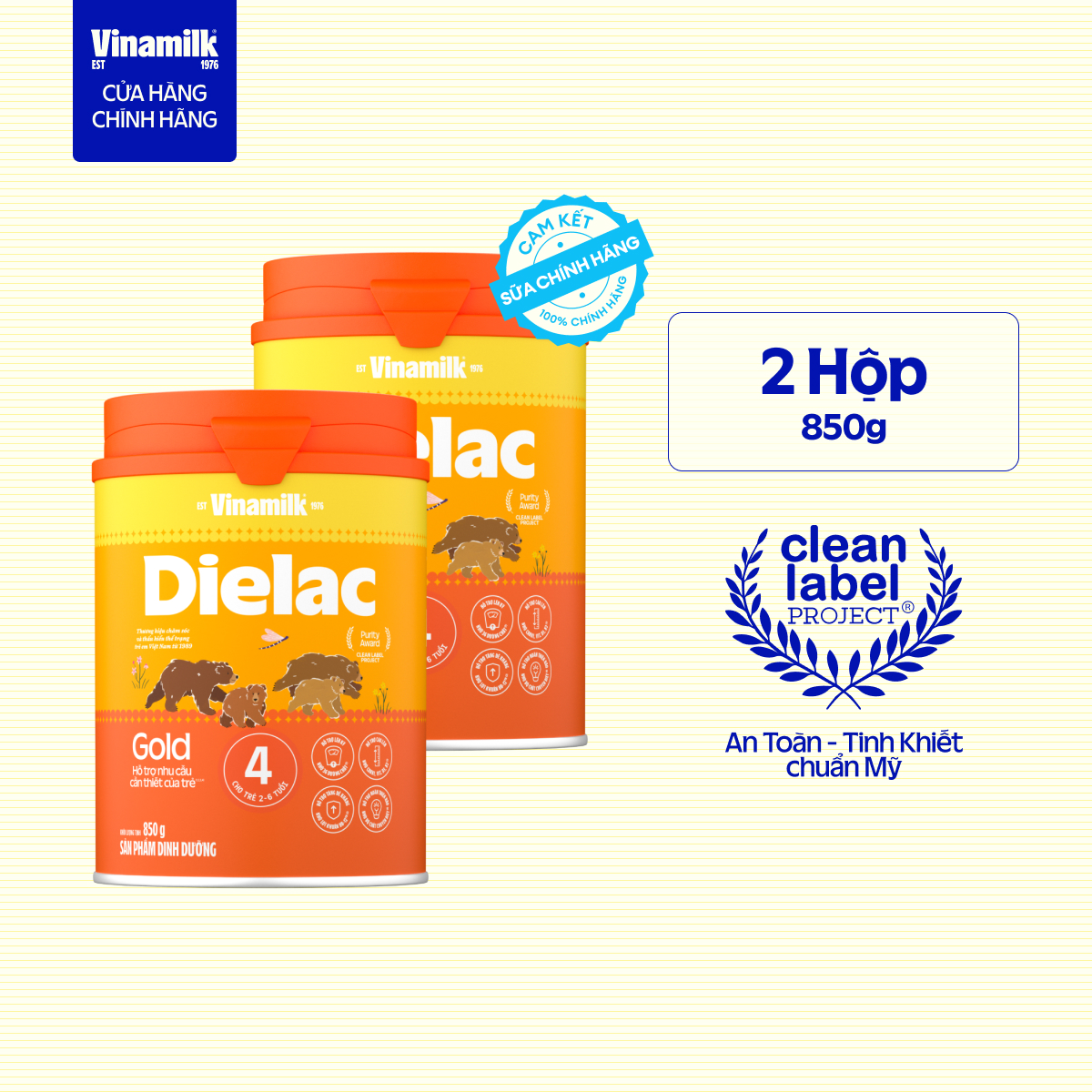Combo 2 Lon Sữa bột Vinamilk DielacGold 4 - Hộp thiếc 850g (cho trẻ từ 2- 6 tuổi) - Sữa công thức hỗ trợ phát triển trí não của bé tăng cân chiều cao