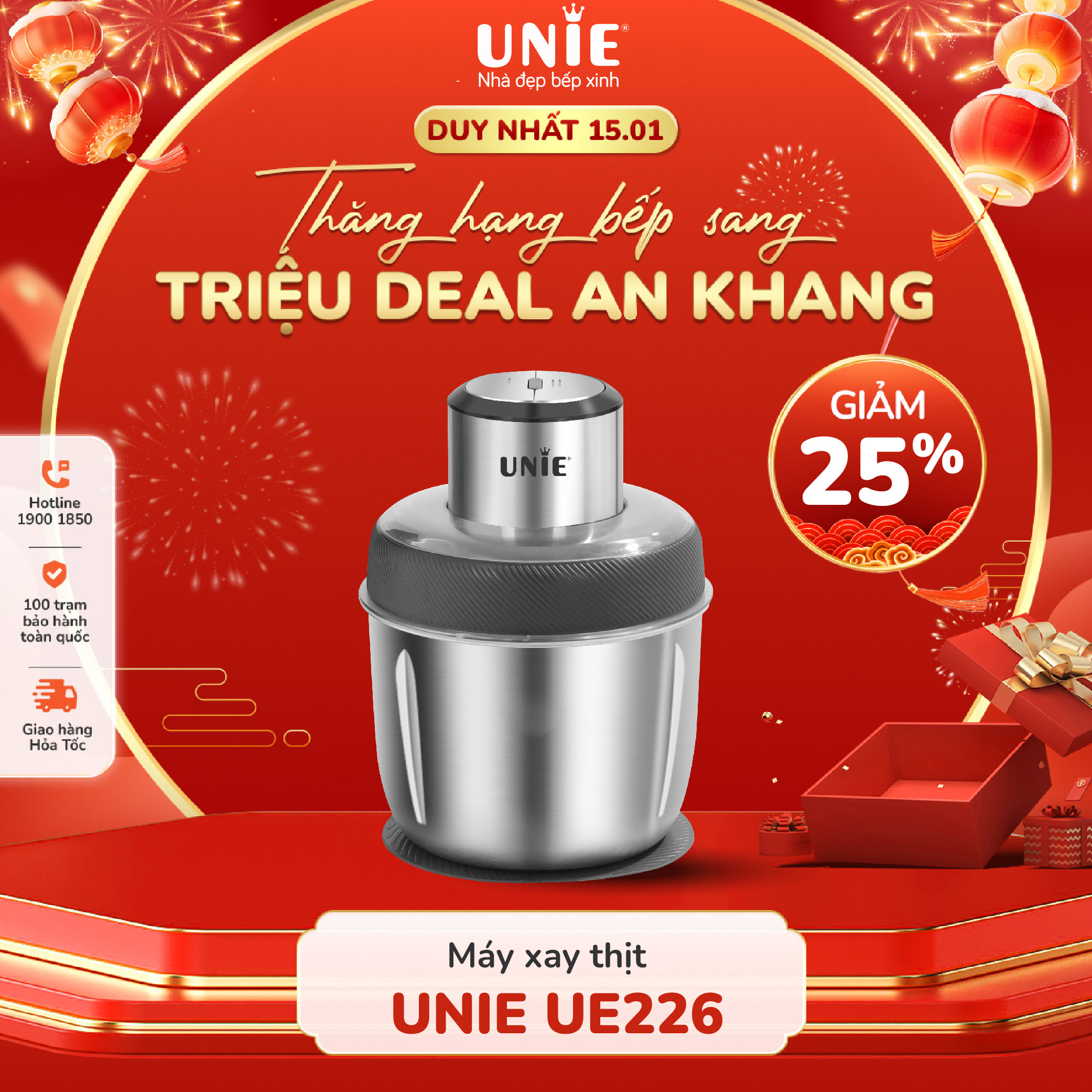 Máy xay thịt 2 cối Unie UE226 máy xay đa năng công suất 300W dung tích cối 2.5L chất liệu inox 304 c