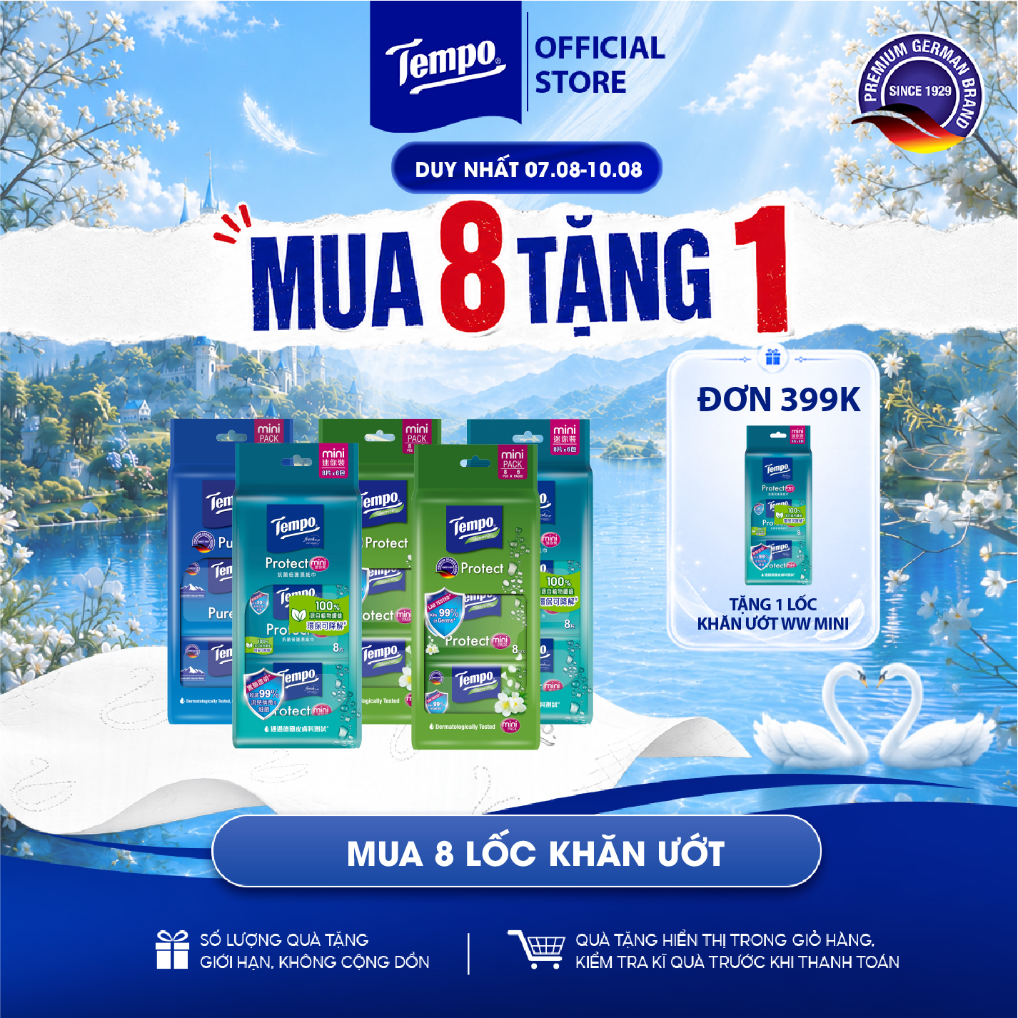 [COMBO 8 LỐC] Khăn ướt Mini Tempo Protect Ngăn Ngừa Vi Khuẩn cao cấp - Diệt khuẩn 99%