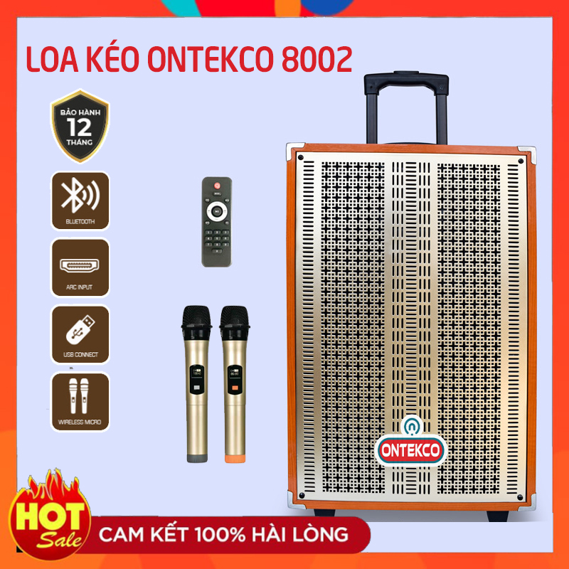 Loa kéo karaoke ONTEKCO 8002 Bass 20 kèm 2 mic UHF không dây chống hú vỏ gỗ mặt lưới kim loại bảo hành 12 tháng
