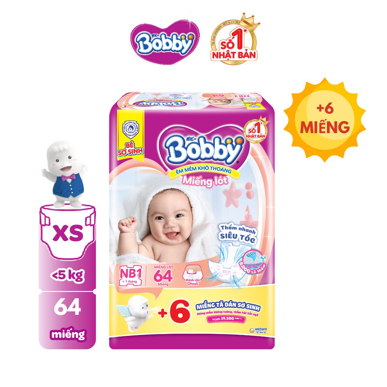 [20g 7-10.8 QUÀ TO]Miếng lót sơ sinh Bobby gói lớn Newborn 1-64+ 4 miếng tã quần mở một bên (0-5kg)
