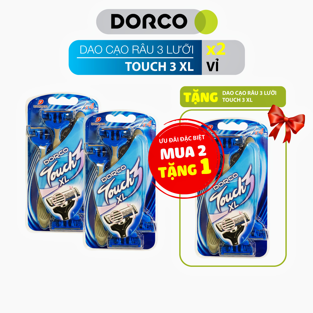 Combo 2 Vỉ Dao Cạo Dorco Touch 3 Xl Tặng 1 Vỉ Dao Cạo Cùng Loại (1 Vỉ/ 4 Dao Cạo)