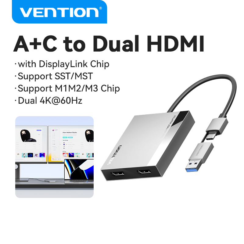 Vention USB để HDMI kép MST adapter 4K áp dụng cho MacOS Windows cho M1 M2 M3 nhiều hiển thị USB C H