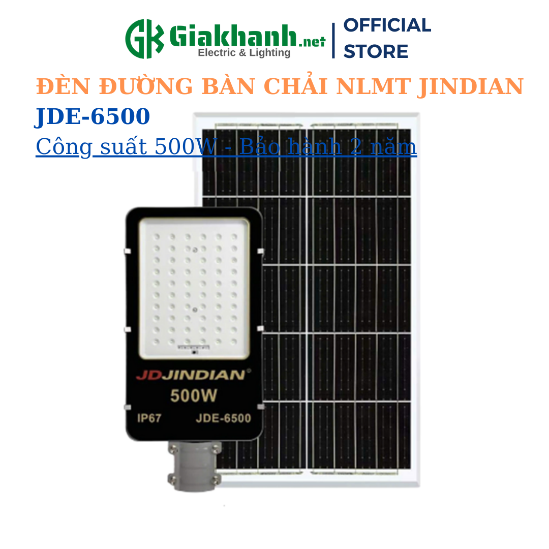 Đèn Năng Lượng Mặt Trời - Đèn Đường Bàn Chải NLMT Jindian JDE-6500 Công Suất 500W Khung Nhôm Chip