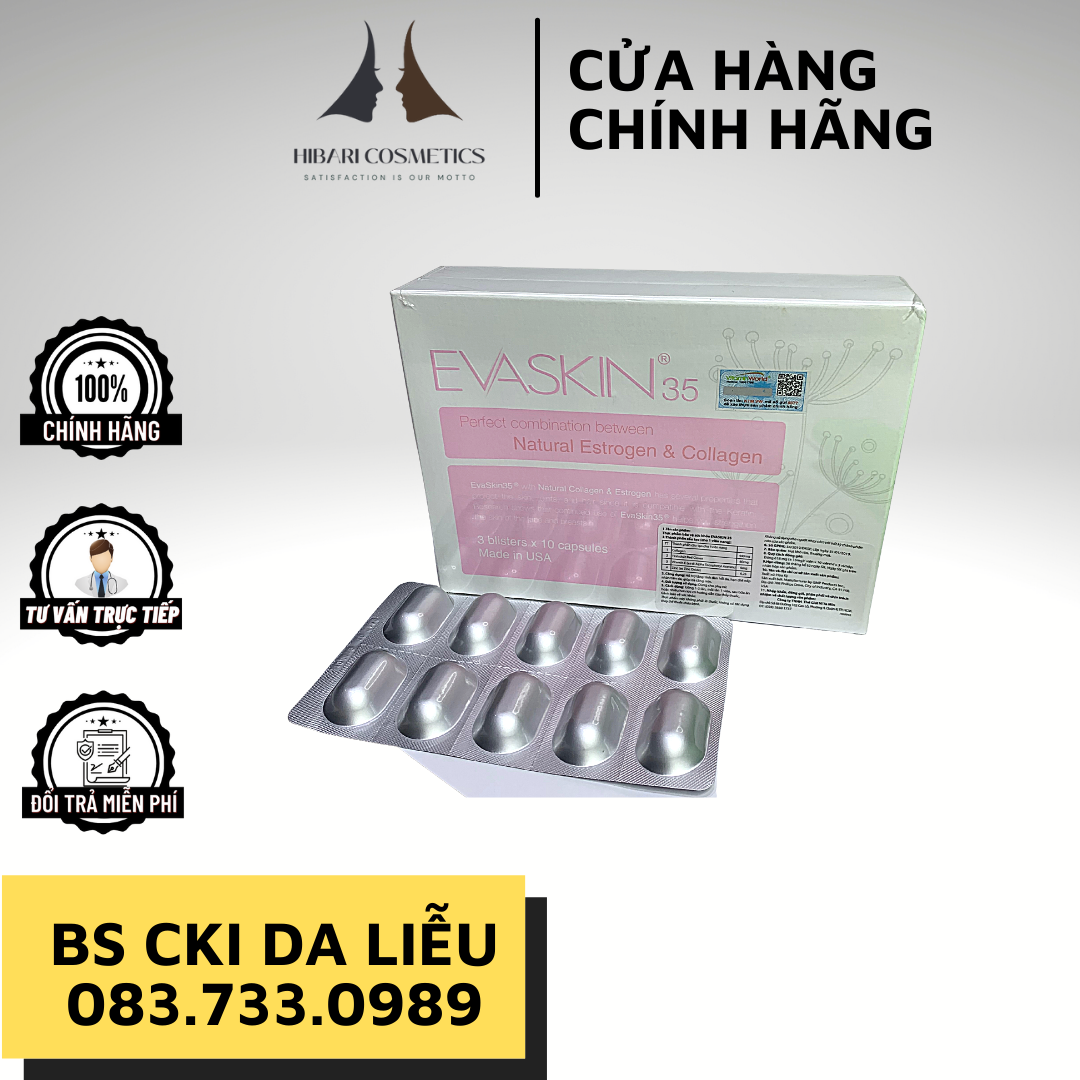 Thực Phẩm Bảo Vệ Sức Khoẻ Evaskin 35 - Bổ Sung Collagen Và Estrogen Giúp Tăng Cường Sức Khoẻ Phụ Nữ Cải Thiện Nếp Nhăn Giấc Ngủ Ngon Chống Lão Hoá Giúp Trắng Da Mượt Tóc Giữ Nét Thanh Xuân Hỗ Trợ Xương Khớp