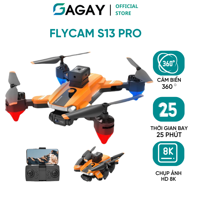 Flycam Mini Drone S13 PRO tránh chướng ngoại vật quang học camera kép 8K thời gian bay lâu GAGAY