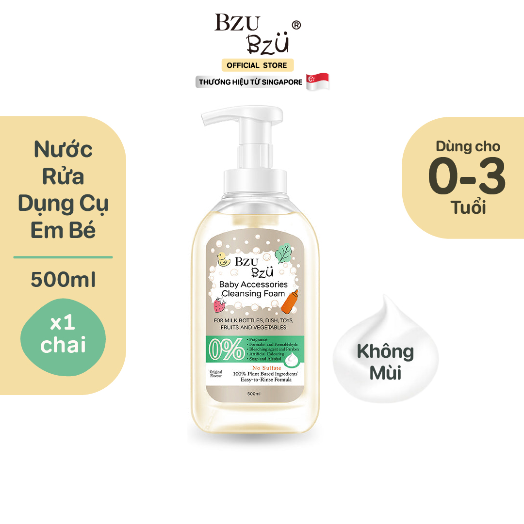 Nước Rửa Bình Sữa Và Đồ Dùng Em Bé Thuần Thực Vật BZU BZU Baby Accessories Cleansing Foam Tạo Bọt Thành Phần Thực Vật Chai 500ml