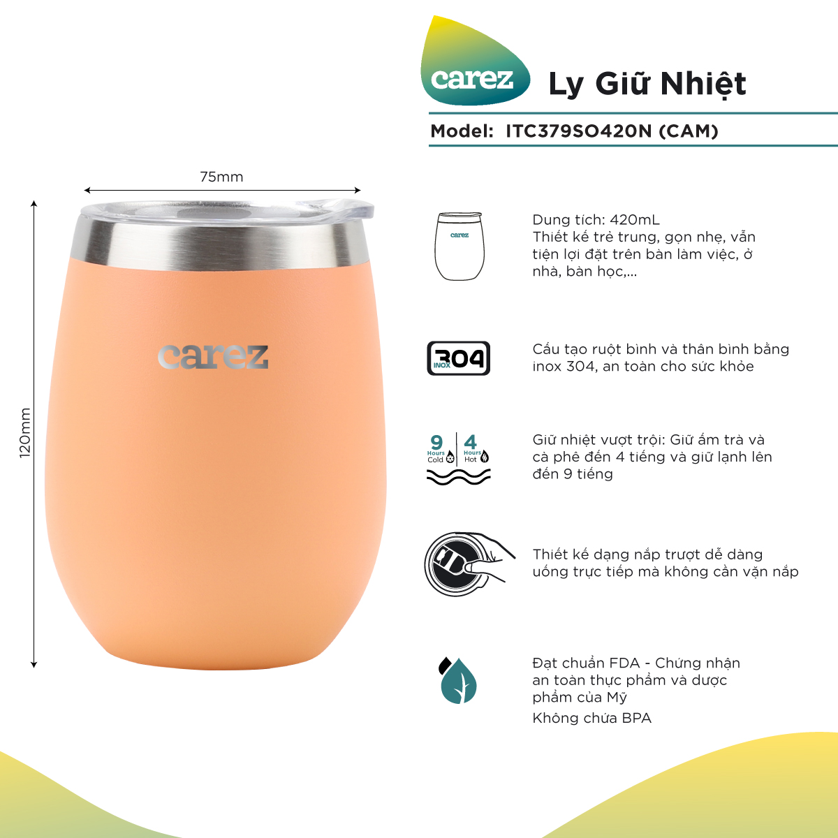 Ly Giữ Nhiệt Carez ITC379SO420N- CAM- 420ml Inox 304 Không chứa BPA - Giữ nóng đến 4 tiếng giữ lạnh