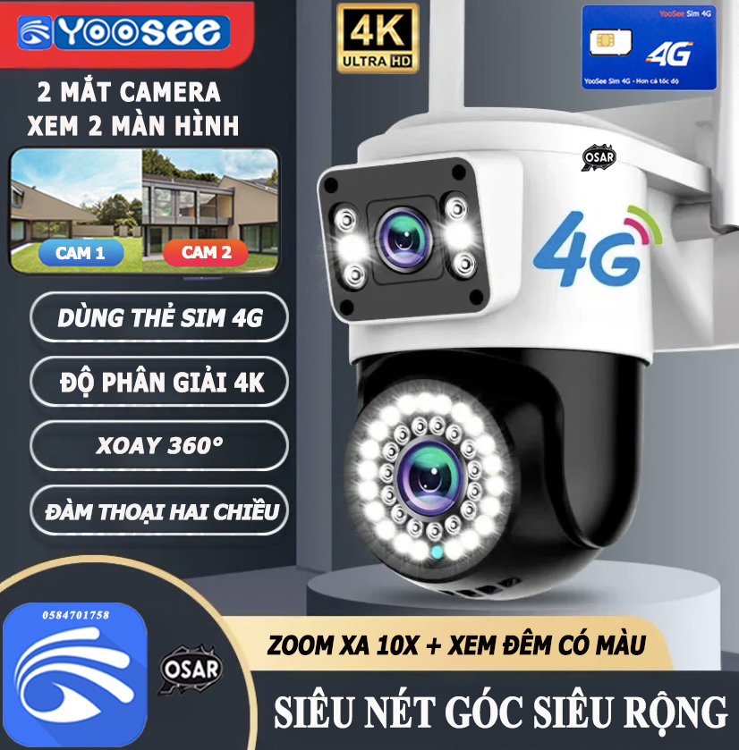 Camera IP YooSee PTZ 4G 2 MẮT 8MPX Dùng SIM 4G Xem 2 Màn Hình Đồng Thời Zoom 10X Chống Nước Góc Siêu