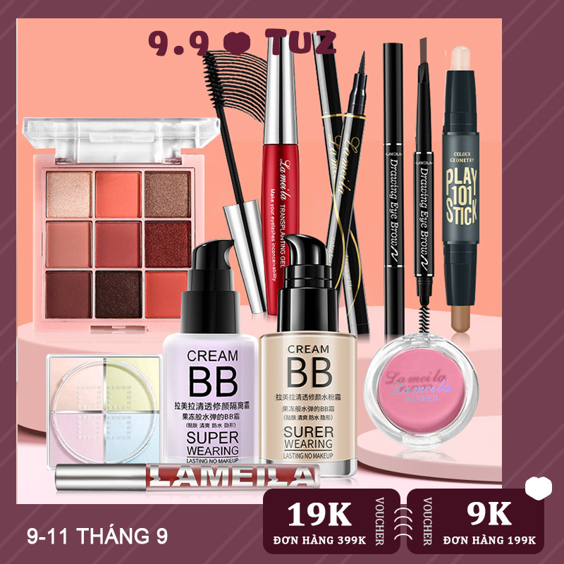 [HCM]Bộ trang điểm cá nhân LAMEILA 10 món tiện lợi Kem BB che khuyết điểm（kem nền） +sự cách ly kem lót+ Phấn phủ kiềm dầu+Phấn bảng mắt +Mascara+Chì kẻ mày +Bút dạ kẻ mắt+phấn má+Bút tạo khối+son lì