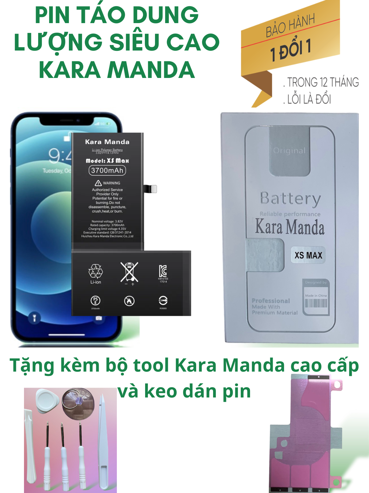 Pin IP Kara Manda dung lượng siêu cao và dung lượng chuẩn cho IP 6 6S Plus 7 8 Plus X XR XS Max 11 1