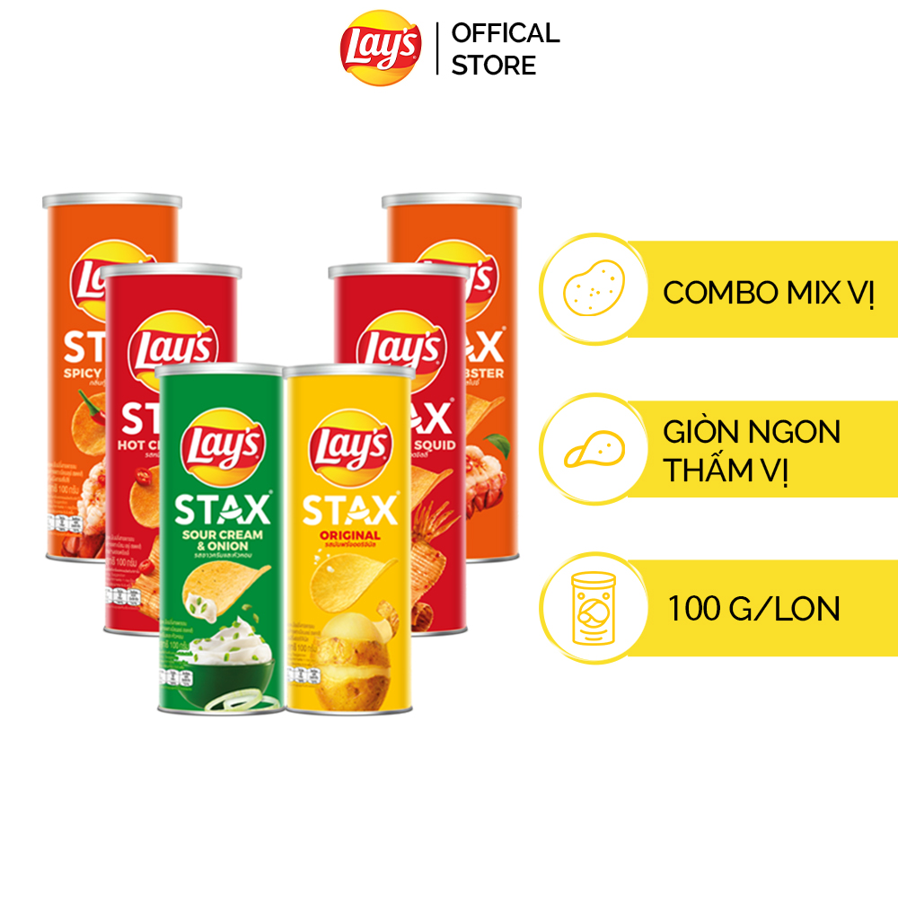 Combo 6 Ống Bánh Khoai Tây LAYS STAX 100G vị Tự Nhiên/Tôm Hùm Nướng/Kem Chua Hành Tây/Mực Cay/Bò Wag