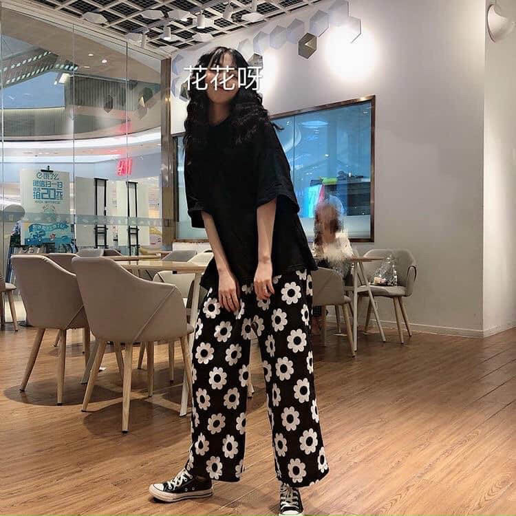 Đồ Bộ Dài Coton  Quần Hoa Ống Rộng + Áo Đen Trơn Phong Cách Cute Hàn Quốc Hot Trend  Đồ Bộ Nữ Mặc Nh