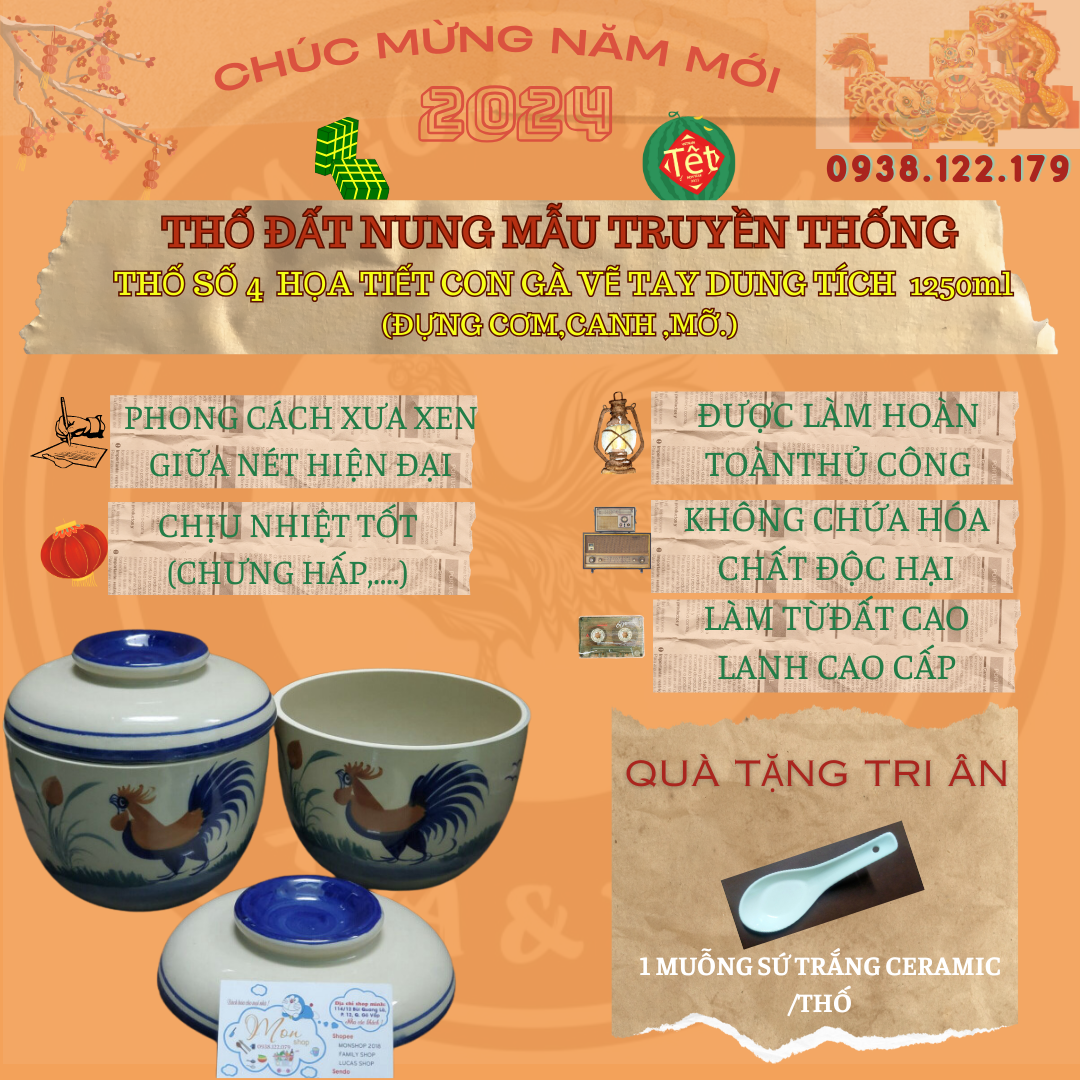 THỐ HỦ ĐẤT NUNG HỌA TIẾT CON GÀ SỐ 4 DUNG TÍCH 1L250ml