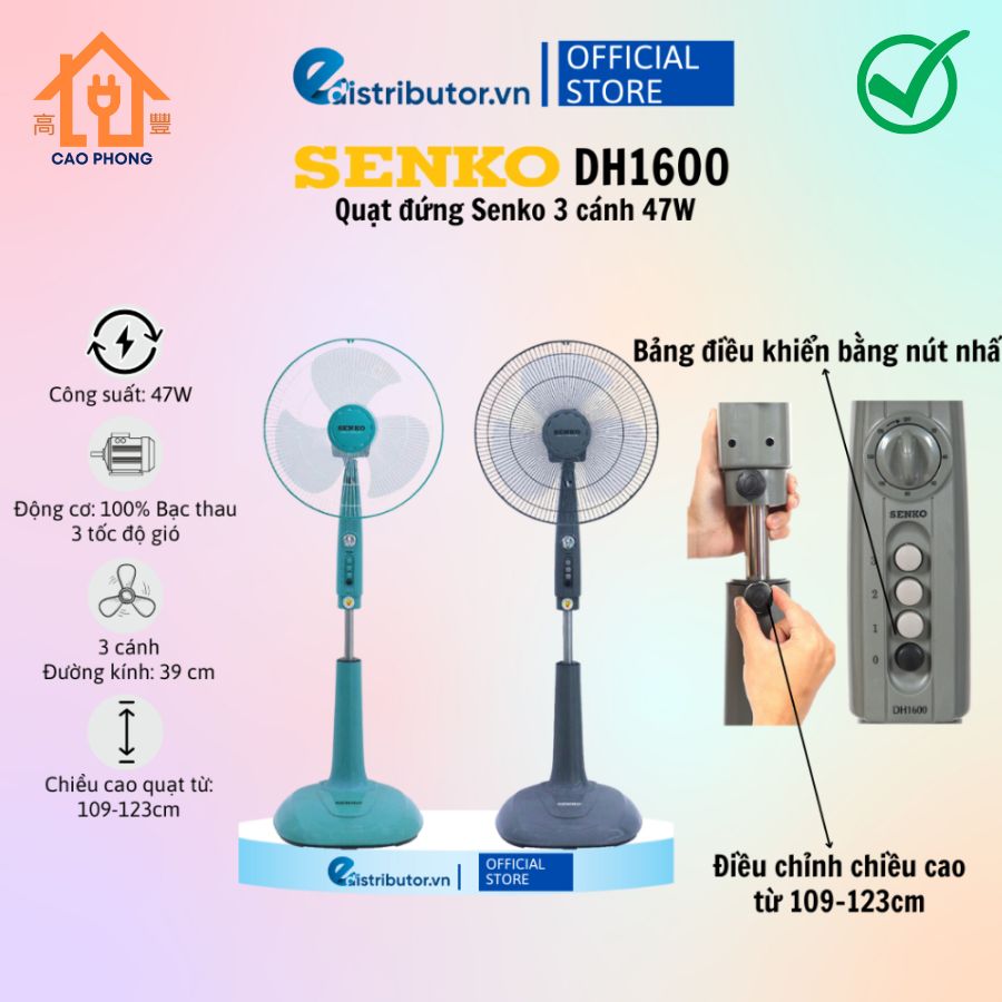 Quạt đứng có hẹn giờ Senko DH1600 thiết kế 3 cánh quạt lớn với sải cánh rộng có 6 mức hẹn giờ tùy ch