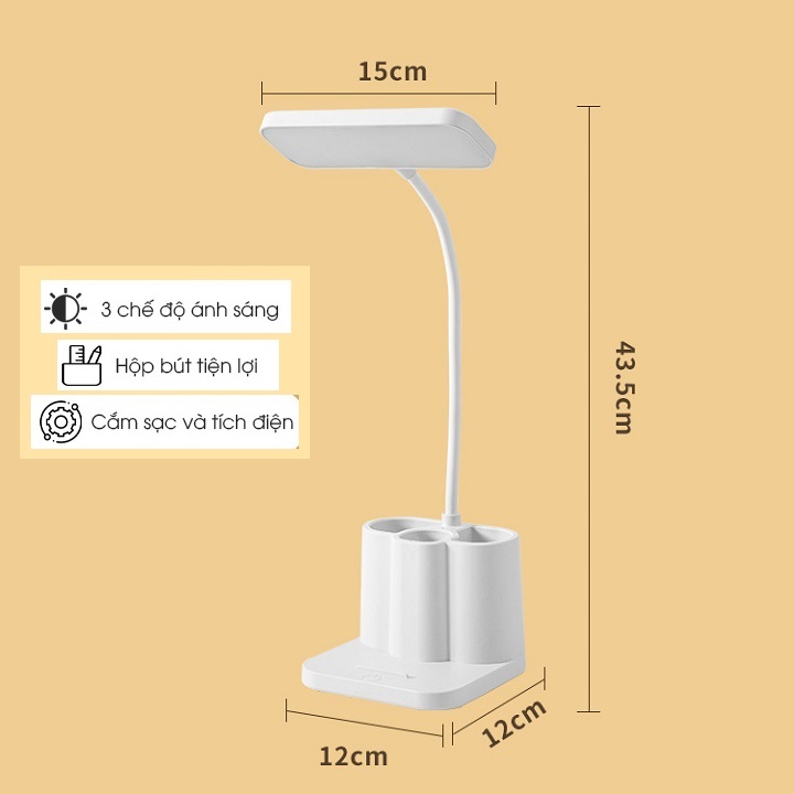 Đèn học để bàn chống cận thị sạc tích điện Bóng led siêu bền 3 chế độ sáng Pin dung lượng lớn 1.200mAh có Giá điện thoại và đựng đồ hình Vuông