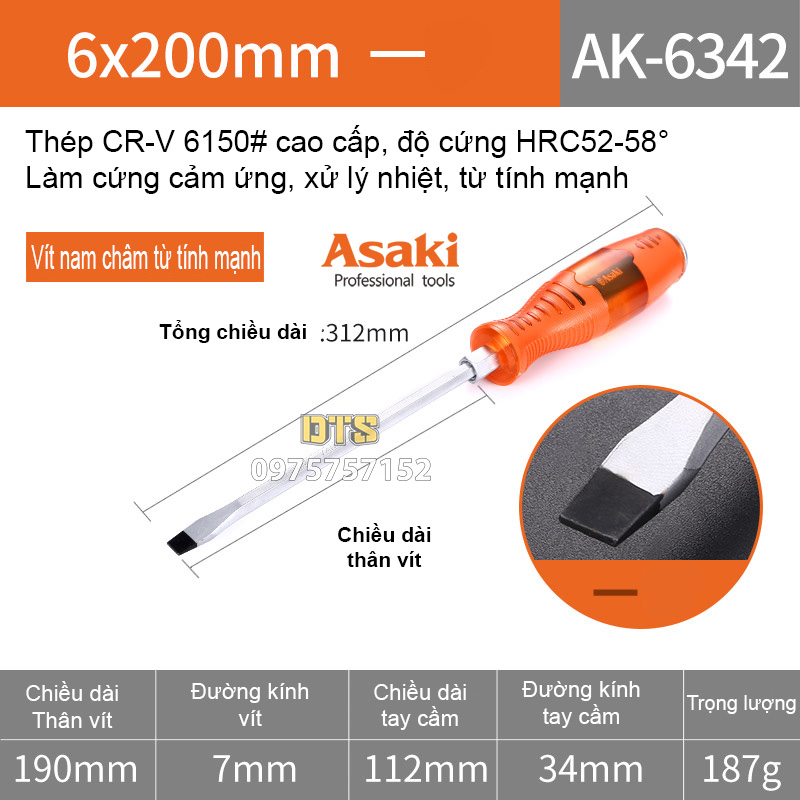 Tô vít đóng 2 cạnh đầu dẹp Asaki thân lục giác thép cứng CR-V cao cấp HRC55 có từ tính mạnh tua vít 