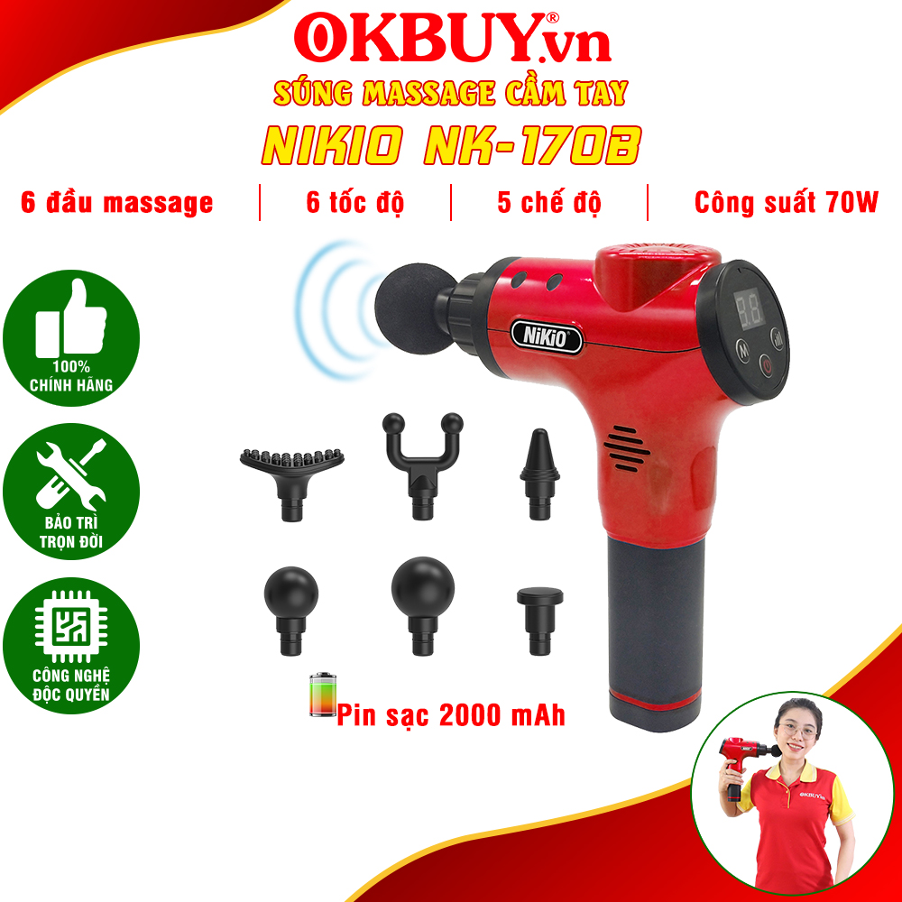 Súng Massage Cầm Tay Nikio NK-171 - 6 Đầu, 80W, Bạc