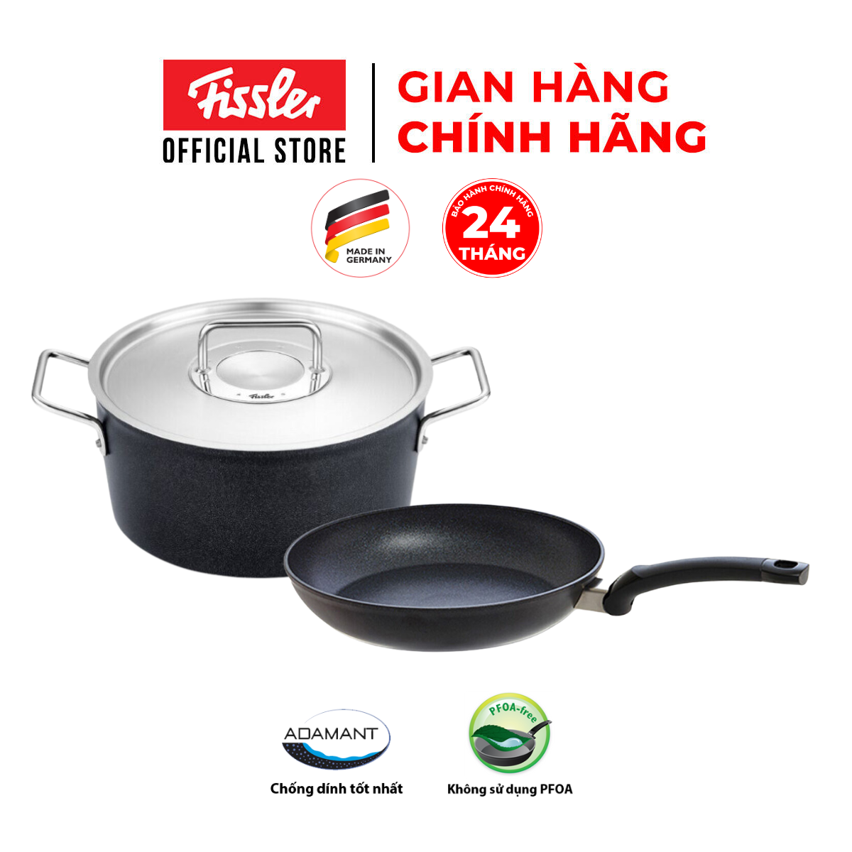 [Trả góp 0%] Bộ nồi và chảo chống dính Fissler Adamant nắp inox