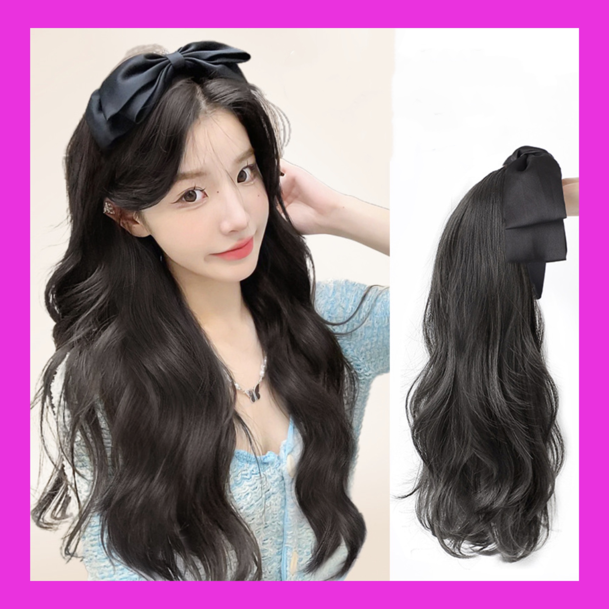 Bờm tóc giả gắn nơ đen cài nửa đầu dáng xoăn và thẳng - CÀI NƠ ĐEN