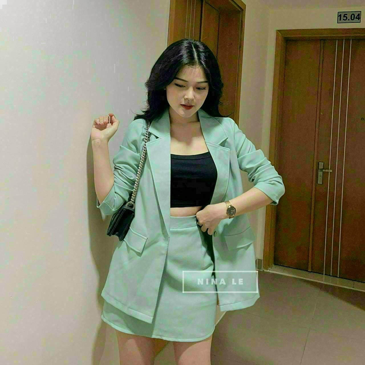 Set công sở 3 món áo khoác vest dáng dài chân váy chữ A kèm áo ống set áo vest Hàn Quốc basic màu pastel y hình