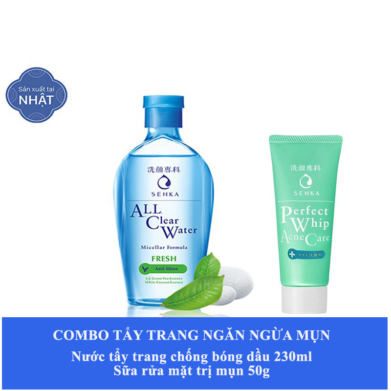 Combo sản phẩm Senka làm sạch và ngăn ngừa mụn (Nước tẩy trang sạch thoáng Senka A.L.L.Clear Water Fresh 230ml và Sữa rửa mặt dành cho da mụn Senka Perfect Whip Acne Care 50g