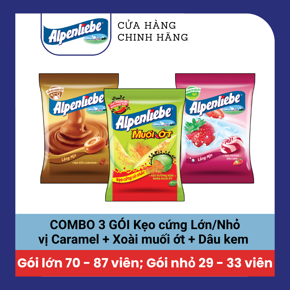 COMBO Kẹo cứng Alpenliebe đậm vị sữa béo hương Caramel Dâu sữa Trà sữa và kẹo cứng có nhân Xoài muối