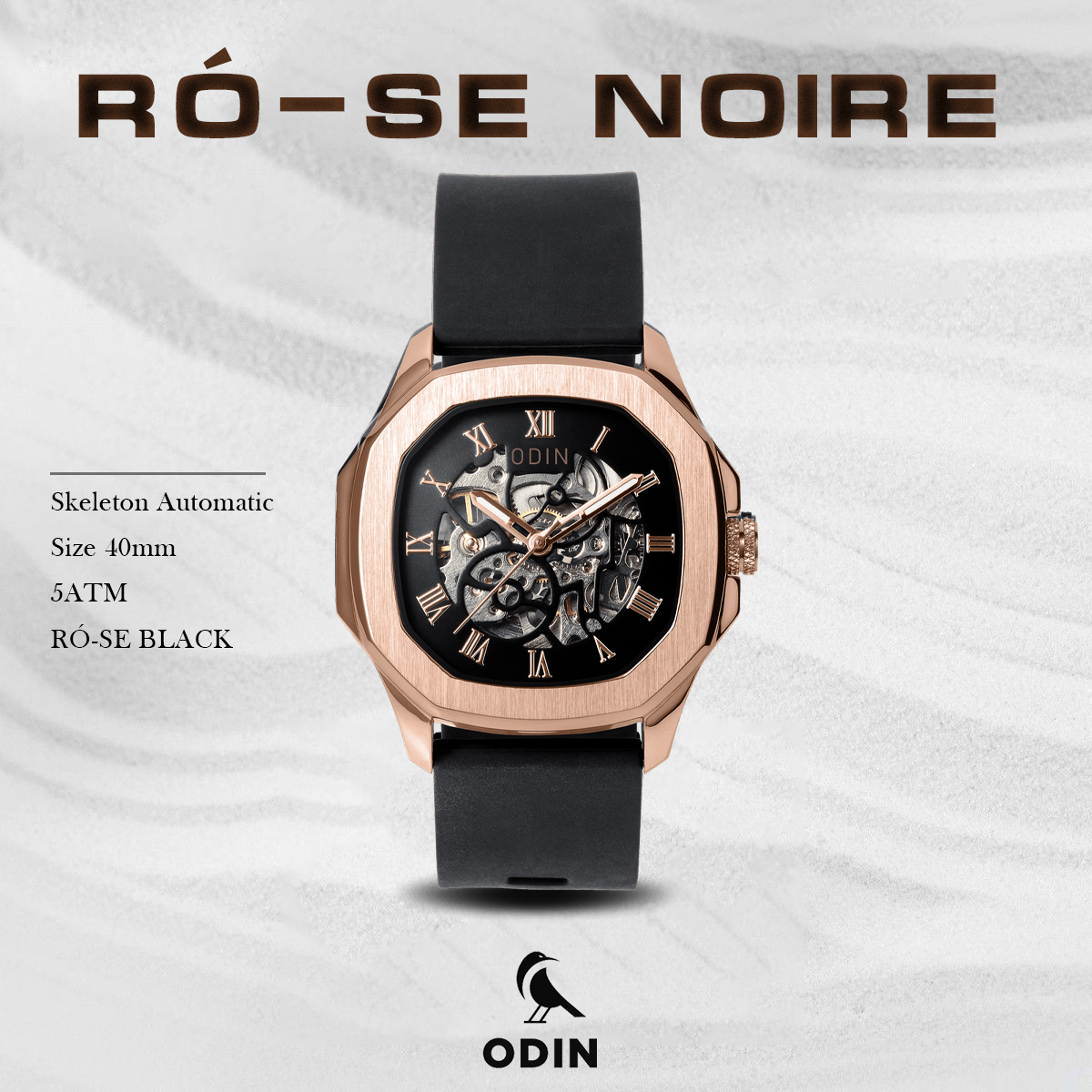 Đồng hồ Nam ODIN - ROSE NOIRE | Máy cơ Semi-Automatic dây cao su - Chống nước 5ATM - TẠNG KÈM DÂY ĐE