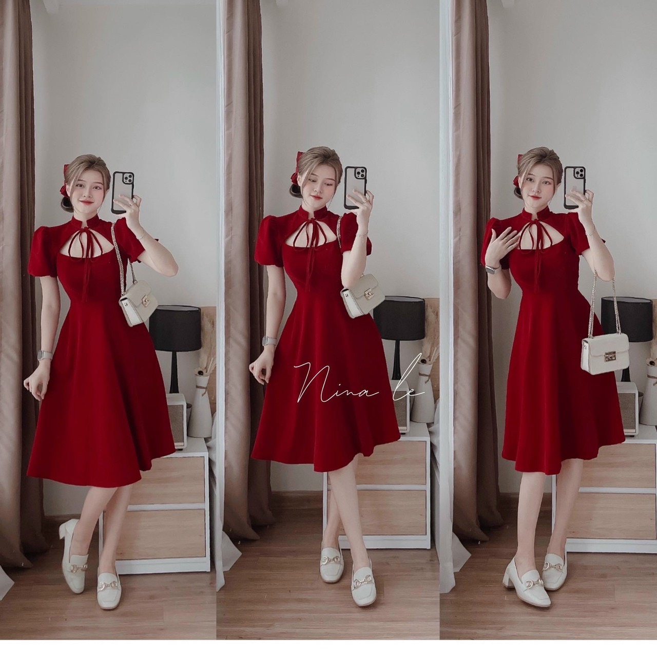 Đồ Bộ Mặc Nhà LMcation - Áo Ống Carol Màu Sọc Nơ Đỏ & Quần Váy Dài