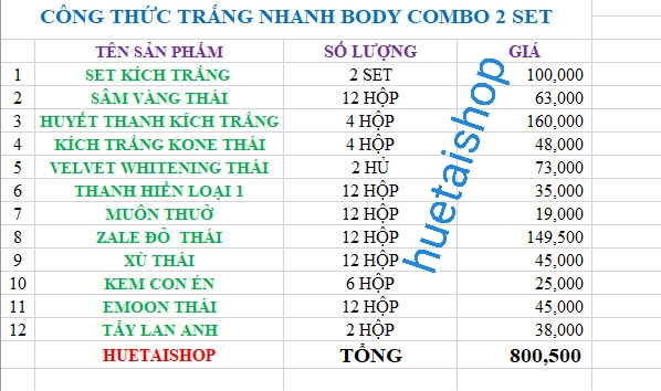 CÔNG THỨC TRẮNG NHANH BODY COMBO 2 SET KHÁCH SPA ĐẶT