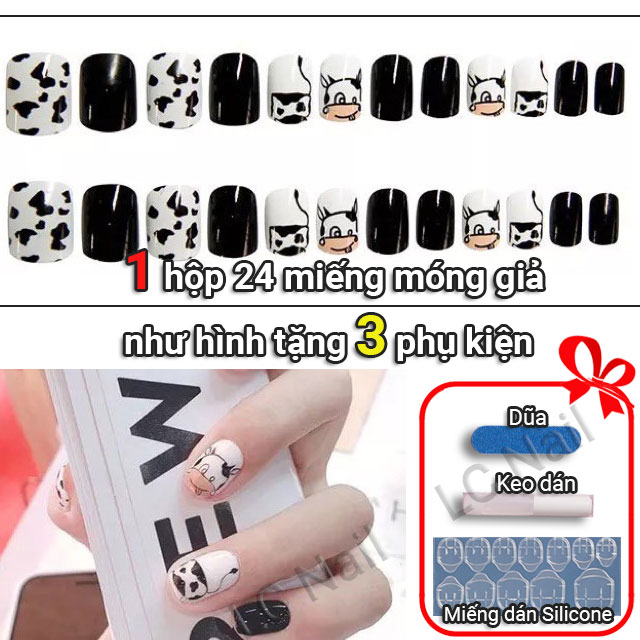 Móng Tay Bò Sữa R135 - Móng Vuông Ngắn Họa Tiết Bò Sữa Tặng Phụ Kiện - Lc Nail