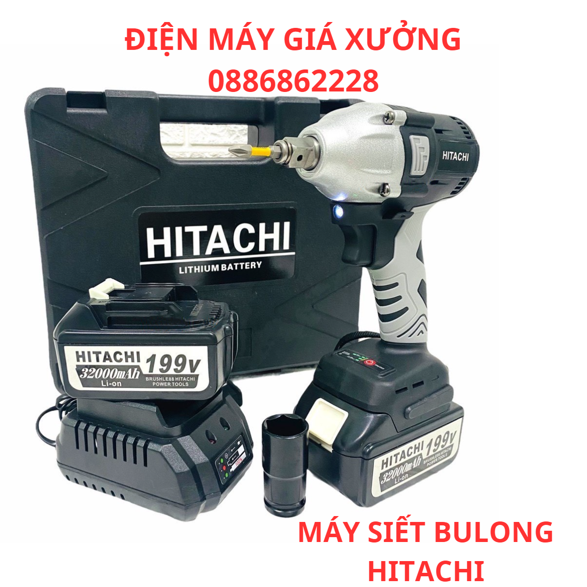 Máy Siết Bulong Hitachi 198VF 2 PIN Đầu 2 Trong 1 Máy Bắn Bulong Không Chổi Than Khoan Tường Bắn Vít Mở Ốc Xe Pin Khỏe