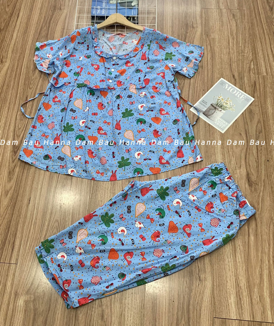 Đồ Bộ Bầu Xinh Mặc Nhà Hanna Vải Lanh Cotton Cao Cấp Thoáng Mát Free Size 45-75kg Có Khóa Cho Bé Ty 