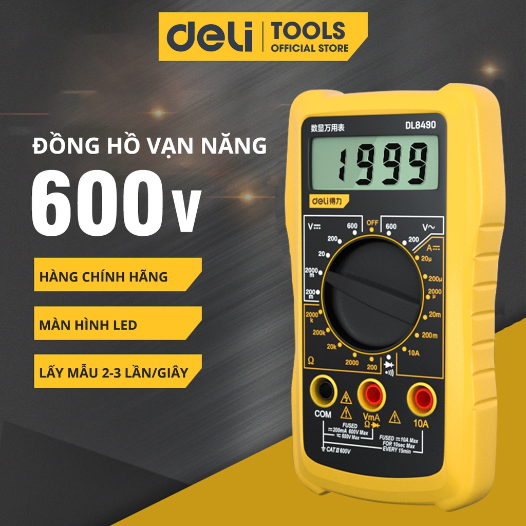 Đồng hồ vạn năng Deli chính hãng - Màn hình LED kỹ thuật số - Phạm vi đo 600V - Bảo hành 12 tháng -