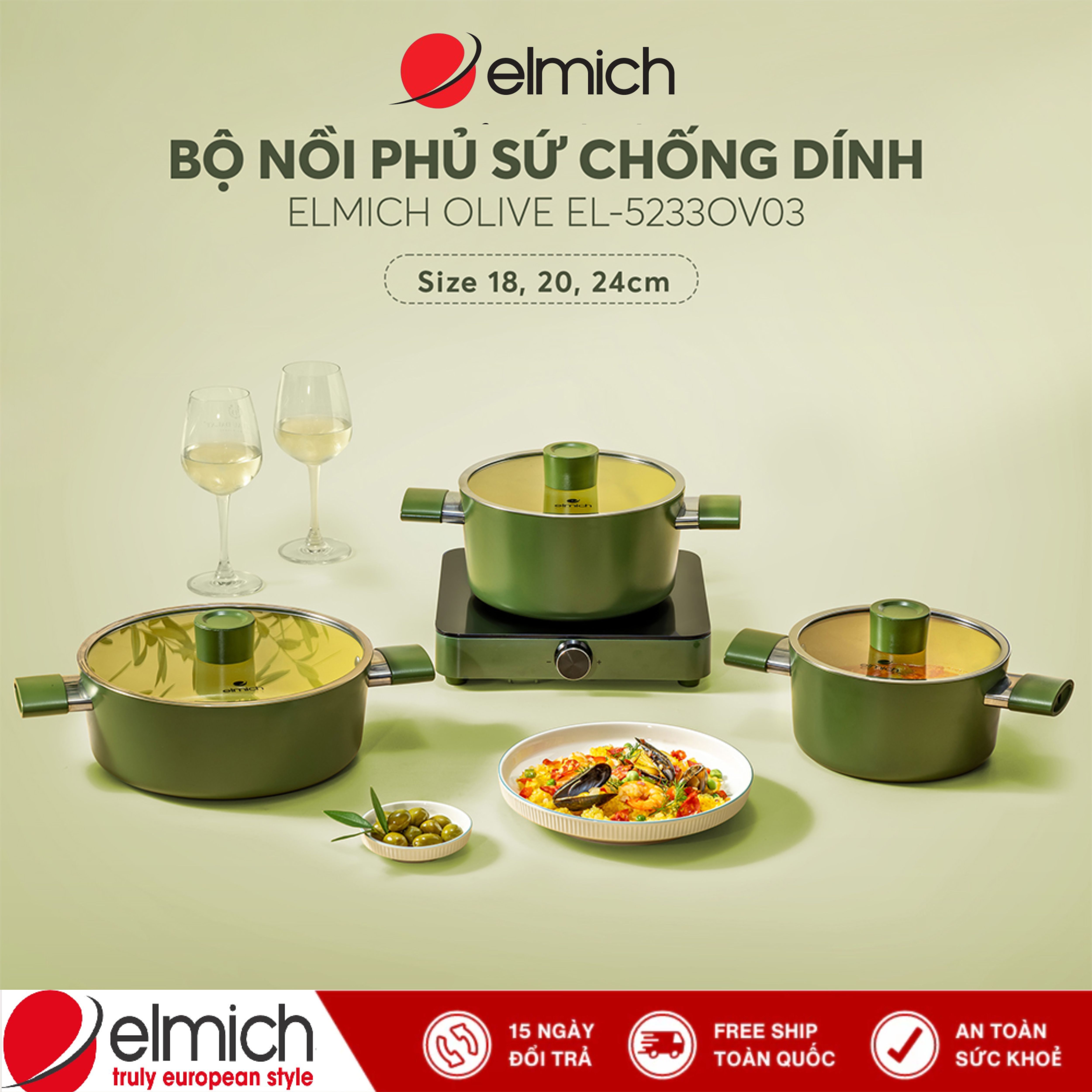 Bộ nồi phủ sứ an toàn Elmich Olive El-5233OV03 size 18 20 24cm