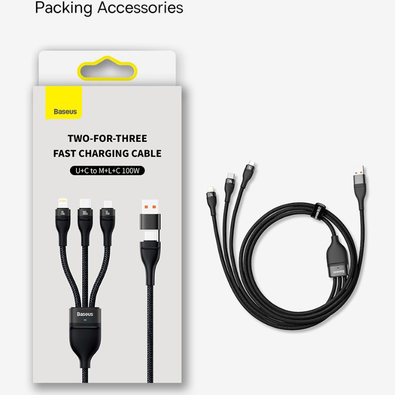 Cáp sạc nhanh 3 đầu Baseus Flash Series Ⅱ PRO Two-for-three Charging Cable U+C to M+L+C 100W 1.2m QC