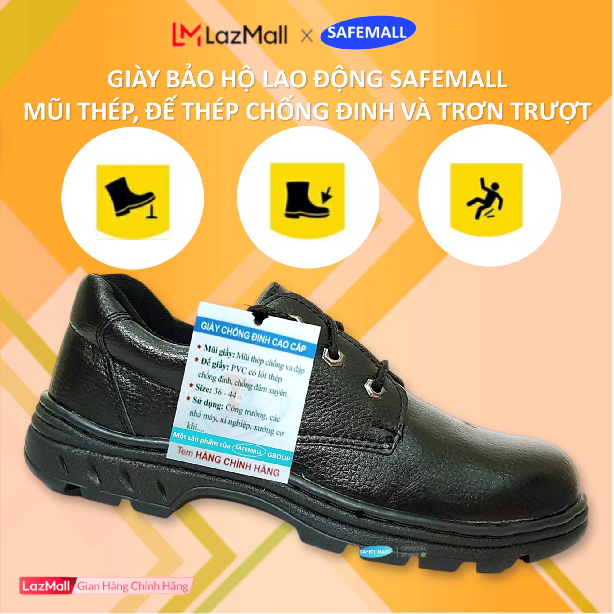 Giày bảo hộ lao động nam ABC SafeMall SMG-01 chỉ đen da cao cấp Giày mũi thép đế thép chống đinh chố