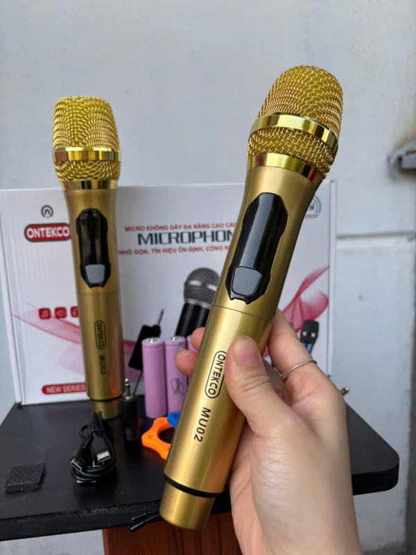 Bộ 2 micro ontekco mu02 karaoke không dây siêu sang chuyên dùng cho amply loa kéo kết nối xa tới 30m qua đầu thu mini