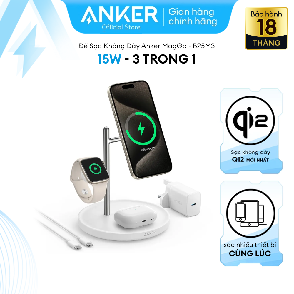 Đế Sạc Không Dây Từ Tính Anker MagGo 3 Trong 1 - B25M3
