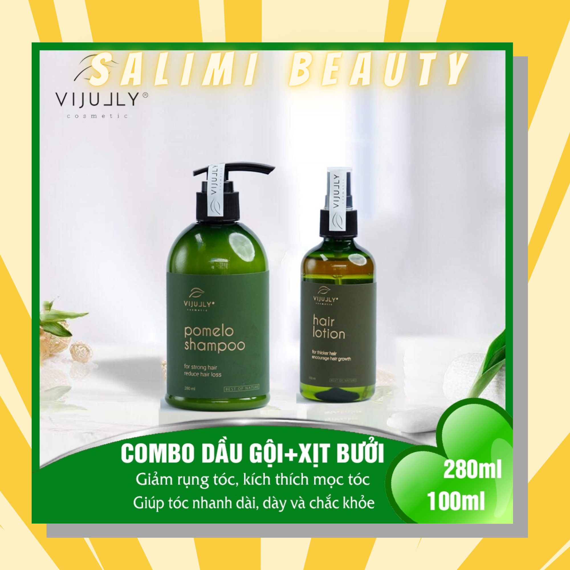 Bộ Đôi Giảm Rụng Tóc Mọc Tóc - Dầu Gội Bưởi Kích Mọc Tóc Vijully 280Ml + Nước Xịt Dưỡng Tóc Tinh Dầu Bưởi Vijully 100Ml Giúp Giảm Rụng Tóc Kích Thích Tóc Mọc Nhanh Cho Mái Tóc Dày Và Dài Hơn Gấp 2 Đến 3 Lần - Hàng Chính Hãng