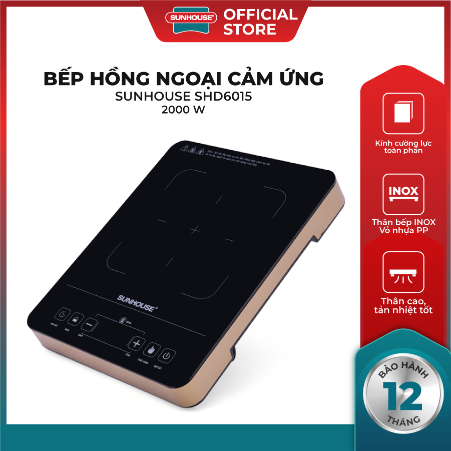 Bếp Hồng Ngoại Cảm Ứng SUNHOUSE SHD6015 - Công Suất 2000W - Kính Cường Lực Toàn Phần - Thân Bế