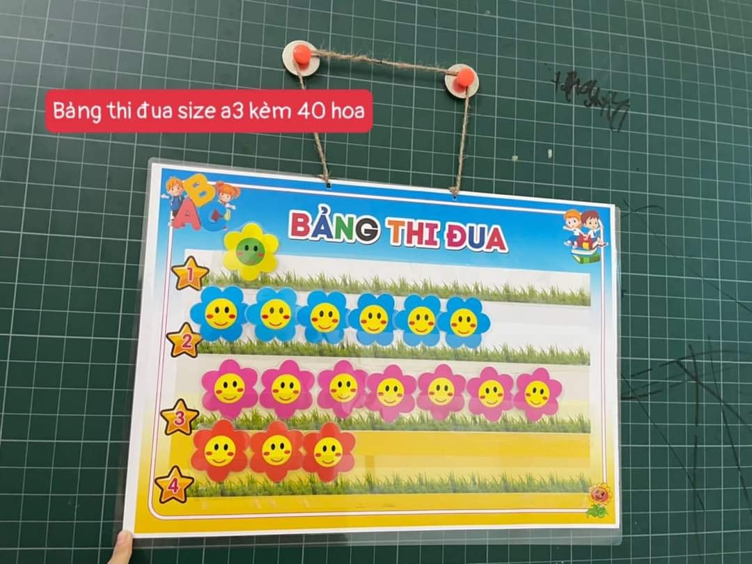 Bảng thi đua 3 và 4 tổ. Gồm 30 và 40 hoa. Kích thước A3 ép plastic. sẵn băng keo dán tường.