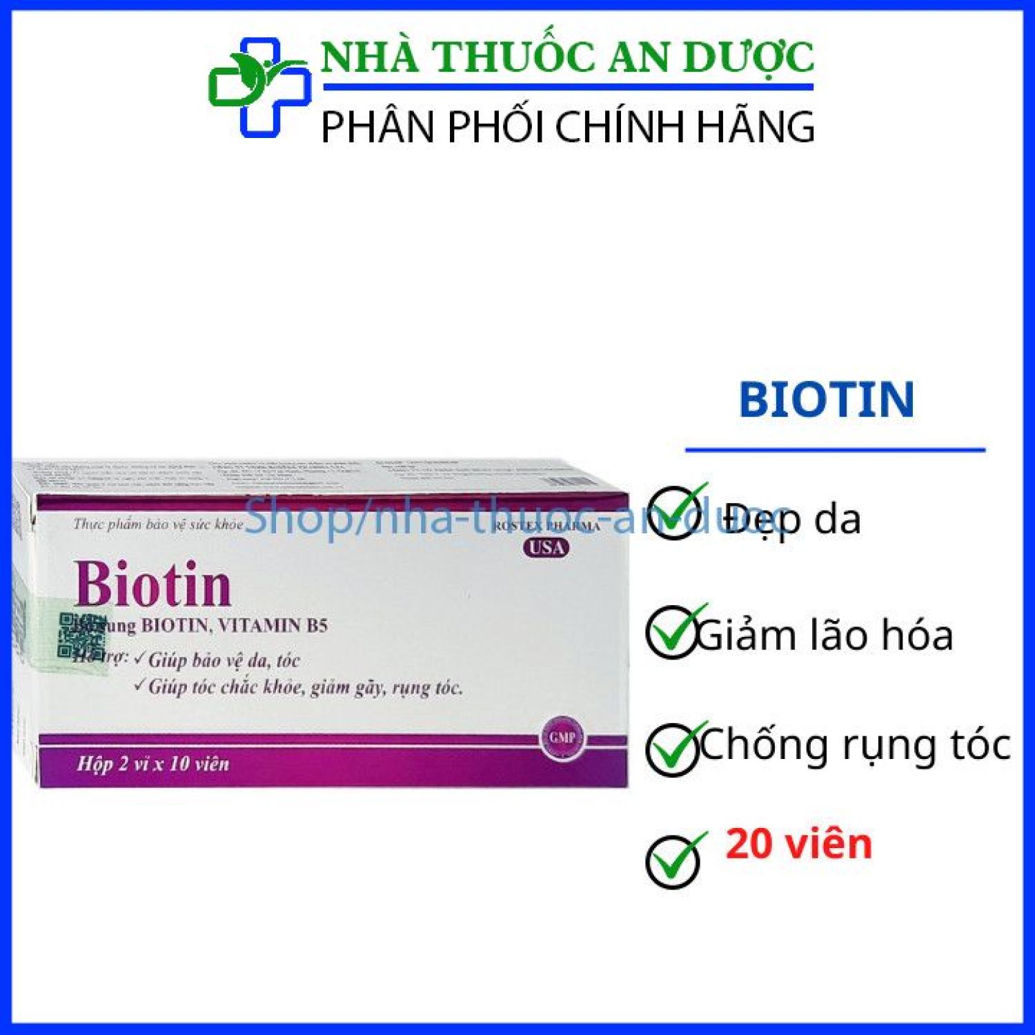 Viên uống bổ sung Biotin Vitamin B5 giúp tóc chắc khỏe giảm gãy rụng tóc - Hộp 20 viên (2 vỉ)
