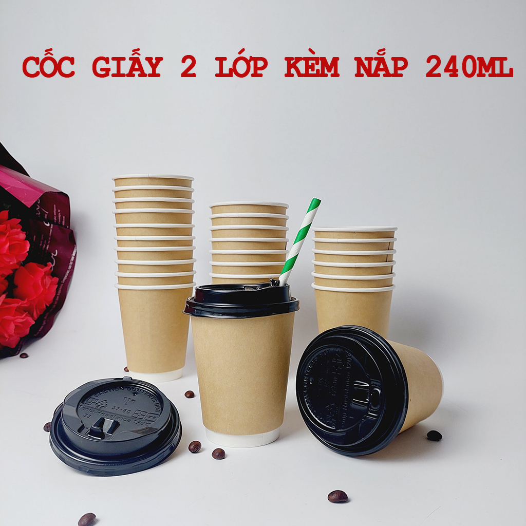 50 Cốc giấy Kraft 2 lớp 240ml - 8oz Ly giấy cao cấp NHẬP KHẨU HÀN QUỐC