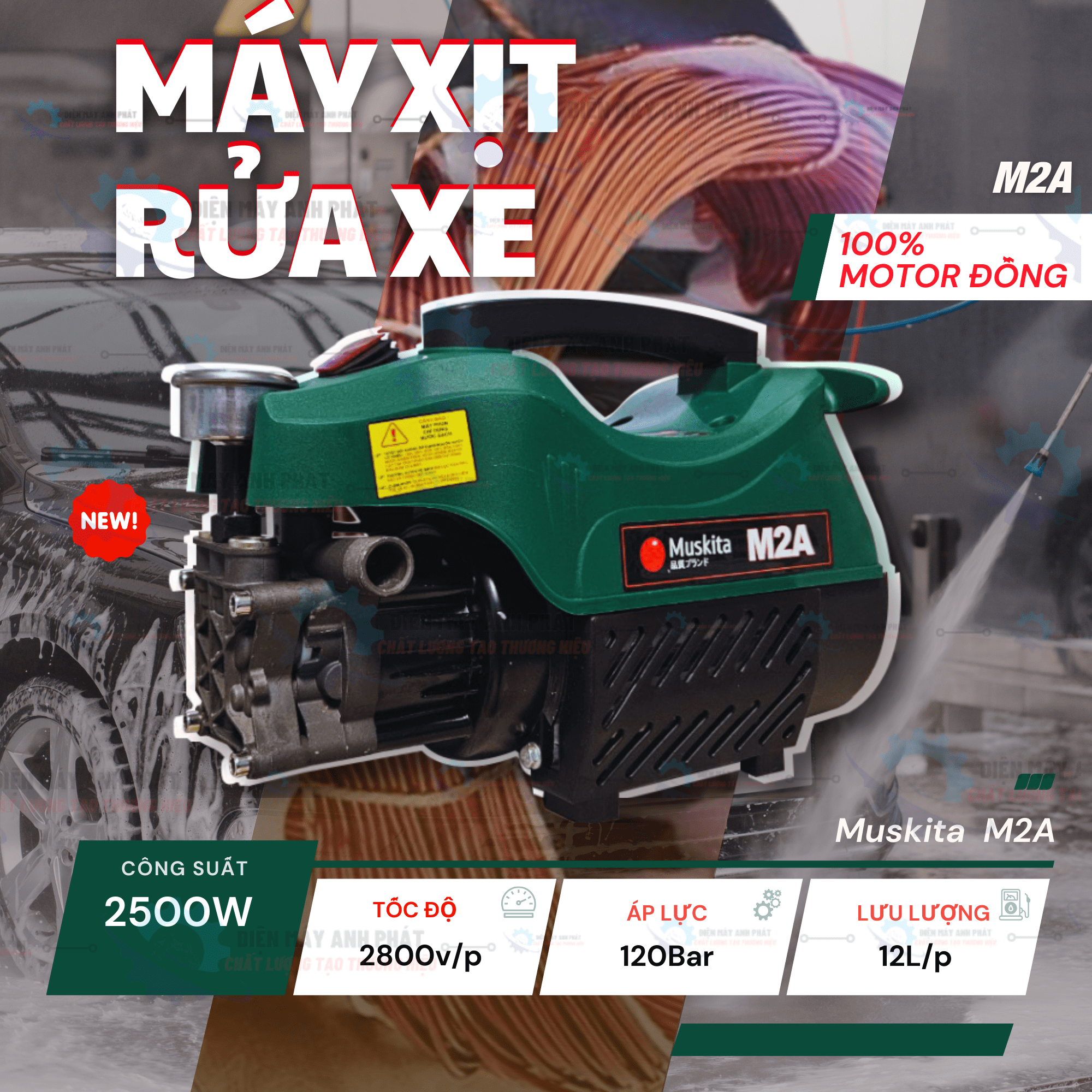 Máy xịt rửa xe gia đình mini 2500w áp lực cao 120bar motor đồng Hiệu Muskita trọn bộ phụ kiện M2