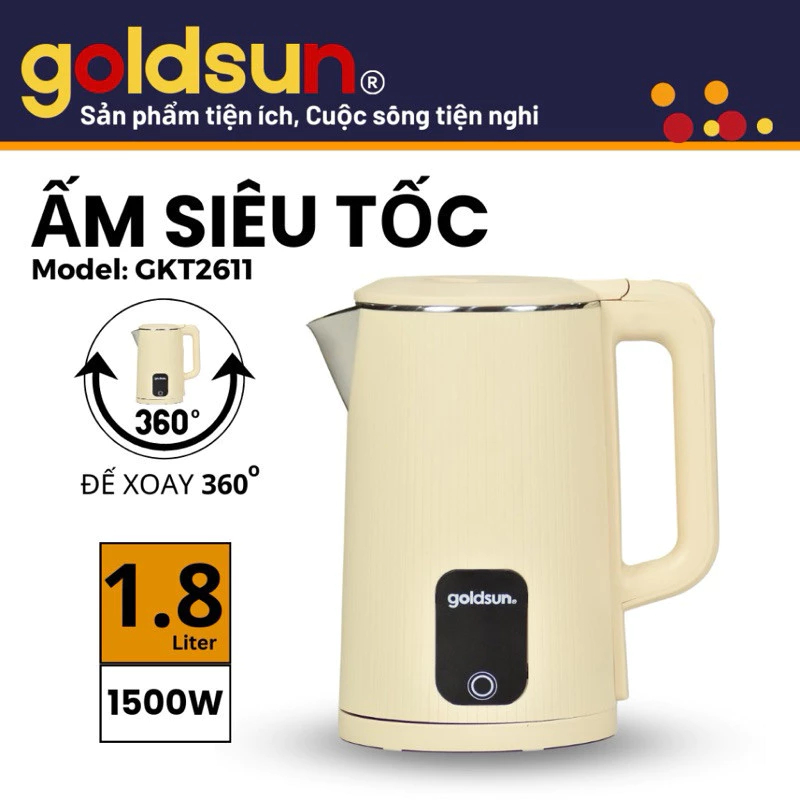 Bình đun siêu tốc Goldsun GKT2611, 1.8L, Inox 201, màu Kem
