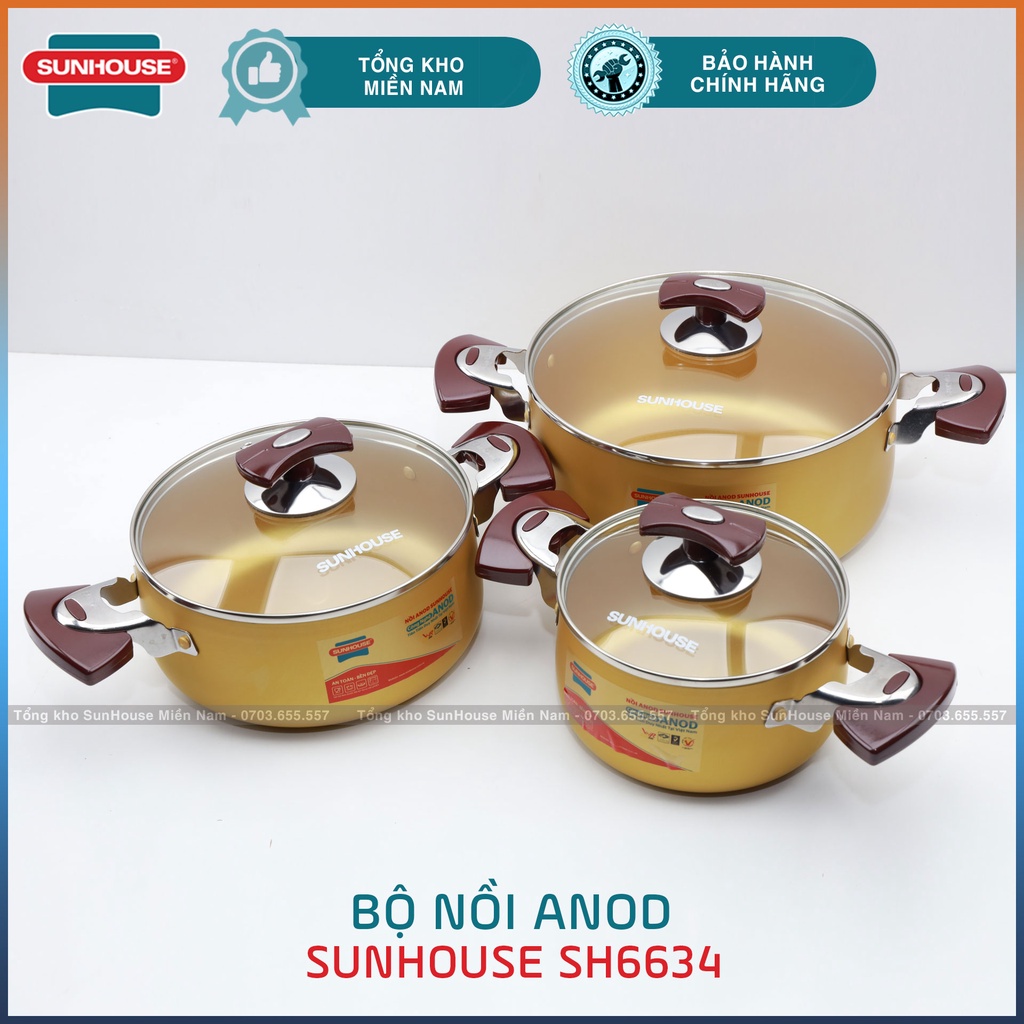 [SH6634 SUNHOUSE] Bộ nồi nhôm Anod 3 món cao cấp - FULLBOX