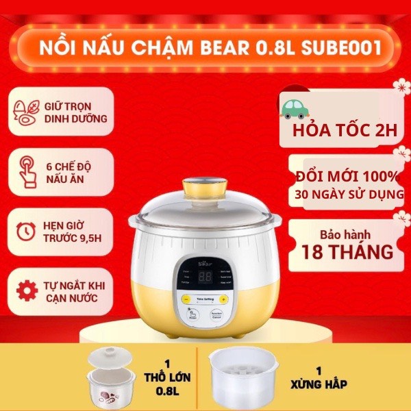 [BẢN TIẾNG VIỆT] Nồi nấu cháo chậm Bear 0.8L- Bản quốc tế- Nồi hầm cách thủy chế biến đồ ăn dặm cho 