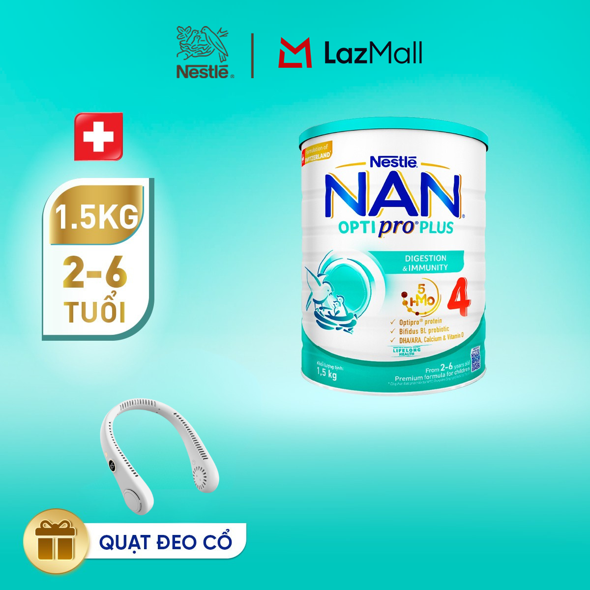 [Tặng Quạt đeo cổ] Sữa Bột Nestlé NAN OPTIPRO PLUS 4 1500g Cho Bé 2 - 6 Tuổi: Công Thức Độc Quyền Nhập Khẩu Từ Thụy Sỹ Chứa Phức Hợp 5-HMO