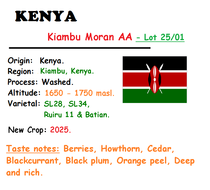 SPECIAL COFFEE - HẠT - 2 TÚI 250 GRAM (Gross Weight) - KENYA KIAMBU MORAN AA Lot 25/01.